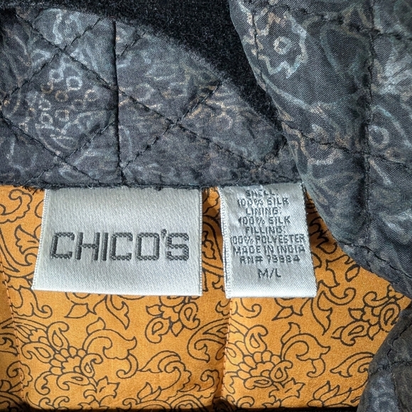 Chico's Black Silk Chinoiserie Quilted Jacket with Gold Accents sz L - Picture 4 of 5